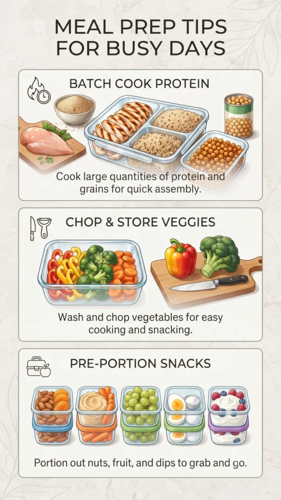 Meal prep tips infographic divided into three sections: BATCH COOK PROTEIN, CHOP & STORE VEGGIES, and PRE-PORTION SNACKS.
