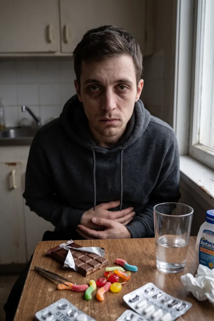 A blurred view from a kitchen sink looking person sitting at a table holding his stomach. Blister packs of pills, an antacid bottle, and some snacks are on the table in front of him.											
