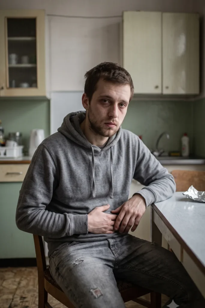 A man sits in a kitchen, holding his stomach with a pensive expression.						
