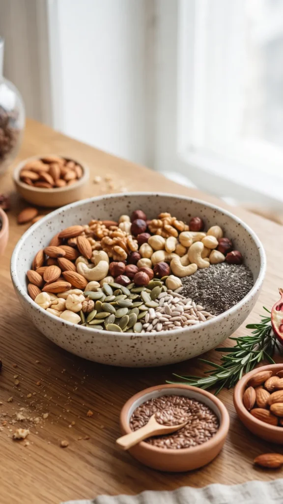 A close-up, vertical photograph on a rustic wooden counter shows a large ceramic bowl overflowing with a mixed variety of raw nuts and seeds, including almonds, cashews, walnuts, hazelnuts, pumpkin seeds, sunflower seeds, and chia seeds. Smaller bowls and loose nuts surround the main bowl, alongside a halved pomegranate and a sprig of rosemary. Natural light illuminates the scene from a nearby window
