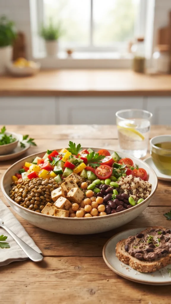 A vibrant, plant-based protein bowl on a rustic wooden table, featuring lentils, chickpeas, tofu, edamame,
