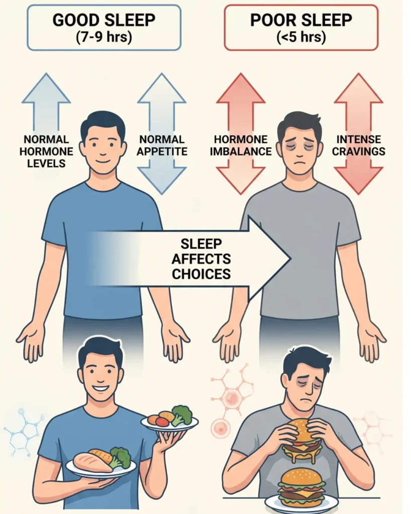 An infographic comparing good sleep (7-9 hrs) and poor sleep (<5 hrs) and how they affect body function and food choices. On the left, good sleep leads to normal hormone levels and a normal appetite, represented by a smiling man and a balanced meal of chicken and vegetables. On the right, poor sleep leads to hormone imbalance and intense cravings, represented by a fatigued man and a high-calorie craving of a double cheeseburger. A large central arrow confirms that sleep affects choices.											
