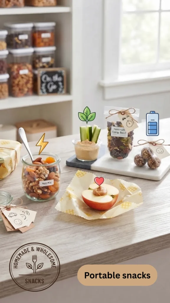 An assortment of healthy, homemade snacks displayed on a wooden kitchen counter, ready for grab-and-go convenience. From left to right: a glass jar labeled "Nut Mix" containing almonds, walnuts, and dried apricots with a spoon resting in it; a small container with hummus and cucumber sticks; a bag of chocolate trail mix; and a package of energy balls. An apple half topped with peanut butter and a heart icon is wrapped in patterned beeswax paper in the foreground. A circular emblem in the bottom left corner reads "HOMEMADE & WHOLESOME SNACKS" with a fork and leaf motif. The background features a blurred pantry shelf with glass jars and an "On the Go" sign, illuminated by natural light from a window.
