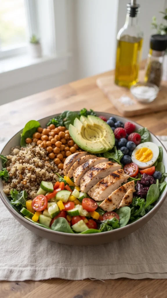 A large, healthy grilled chicken salad bowl on a wooden counter, featuring quinoa, chickpeas, avocado, berries, and vegetables.
