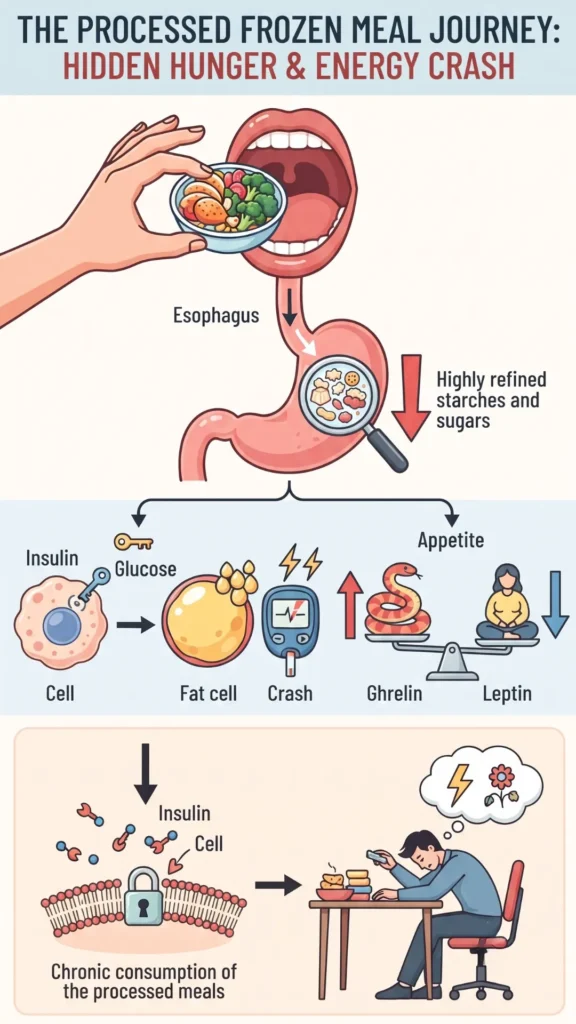 Infographic illustrating the metabolic journey of processed frozen meals: rapid digestion of refined starches causes blood sugar spikes, insulin surges, and a hormonal imbalance of high ghrelin (hunger) and low leptin (satiety), leading to insulin resistance, energy crashes, and cravings.
