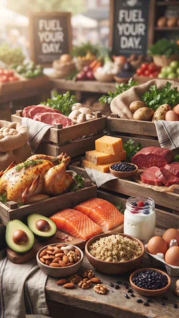 A wooden table filled with a variety of fresh, whole foods, including a roasted chicken, raw salmon fillets, cuts of beef, blocks of cheese, avocado, eggs, beans, nuts, and yogurt.
