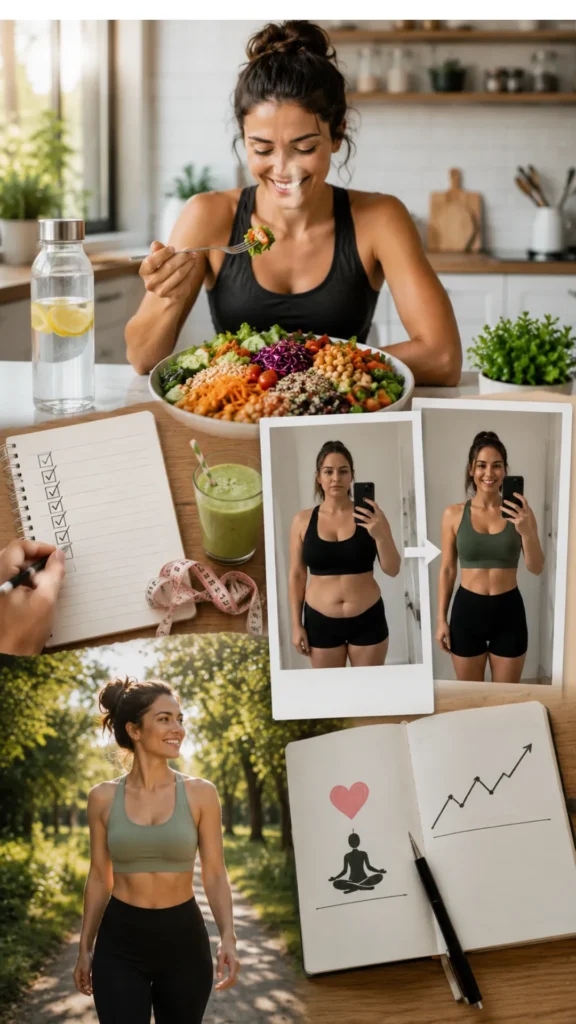 Woman achieving sustainable weight loss through healthy eating, regular activity, and consistent habits, demonstrating long-term success with volume eating and lifestyle changes
