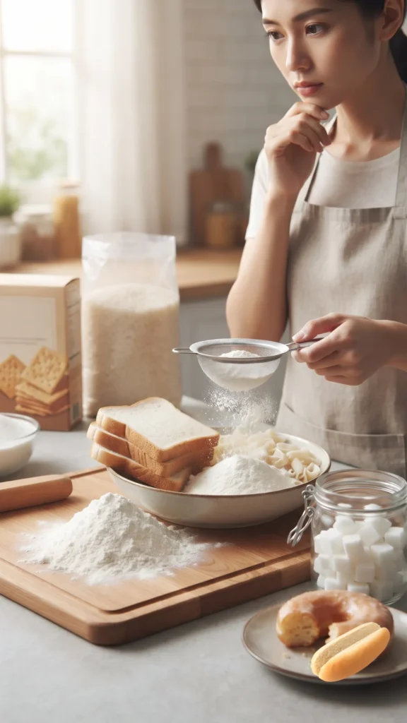 A realistic photograph in a well-lit kitchen, illustrating the ingredients and preparation of refined carbohydrates. A person's hands are sifting refined white flour into a bowl that contains slices of white bread and some pasta shapes. Nearby, on a wooden surface, are glass jars filled with white sugar cubes and refined white rice. A half-eaten glazed donut sits on a small plate, and a box of crackers is visible in the background. The scene is bright and natural, with warm light from a window. No text headings are present.
