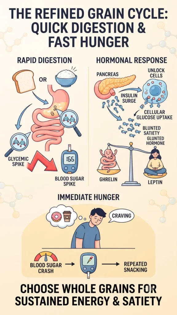 Infographic illustrating the cycle of refined grains causing rapid digestion, blood sugar spikes, and subsequent hunger, contrasted with whole grains for sustained energy.
