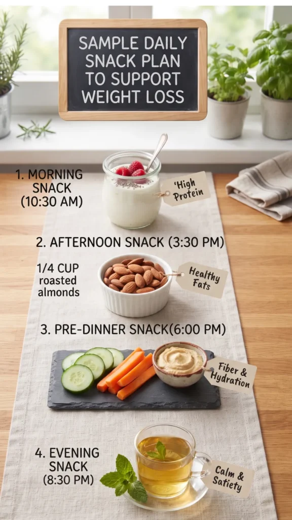 An infographic titled 'SAMPLE DAILY SNACK PLAN TO SUPPORT WEIGHT LOSS' showing four daily snacks: 1. Yogurt with raspberries (10:30 AM), 2. Almonds (3:30 PM), 3. Cucumber, carrots, and hummus (6:00 PM), and 4. Herbal tea (8:30 PM), each with a label describing their benefit.
