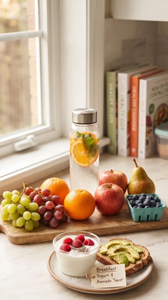 A vertical photograph in a sunlit kitchen setting, illustrating a 'Sample Day Featuring Weight-Loss-Friendly Fruits'. The clean, health-focused composition on a light marble countertop next to a large window shows a clear, reusable water bottle with infused fruit (orange slices, mint). Arranged on a rustic wooden board are several individual whole fruits: a cluster of green and red grapes, two oranges, a red apple, a pear, and a small punnet of blueberries. Below this, on a small ceramic plate, is a portioned meal segment: a cup of plain Greek yogurt topped with fresh raspberries and a sprinkle of chia seeds, next to a slice of whole-grain toast with avocado. A small, handwritten tag on the toast reads: 'Breakfast: Yogurt & Avocado Toast'. In the blurred background, a stack of healthy cookbooks and a portion-control container are visible. The natural daylight creates warm, inviting tones. There is no text on the image itself.
