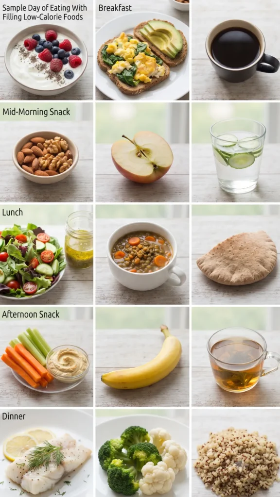 A grid of 15 images illustrating a sample day of eating low-calorie, filling foods, including breakfast (yogurt, eggs, coffee), snacks (nuts, apple, water), lunch (salad, soup, pita), afternoon snack (hummus, banana, tea), and dinner (cod, vegetables, quinoa)
