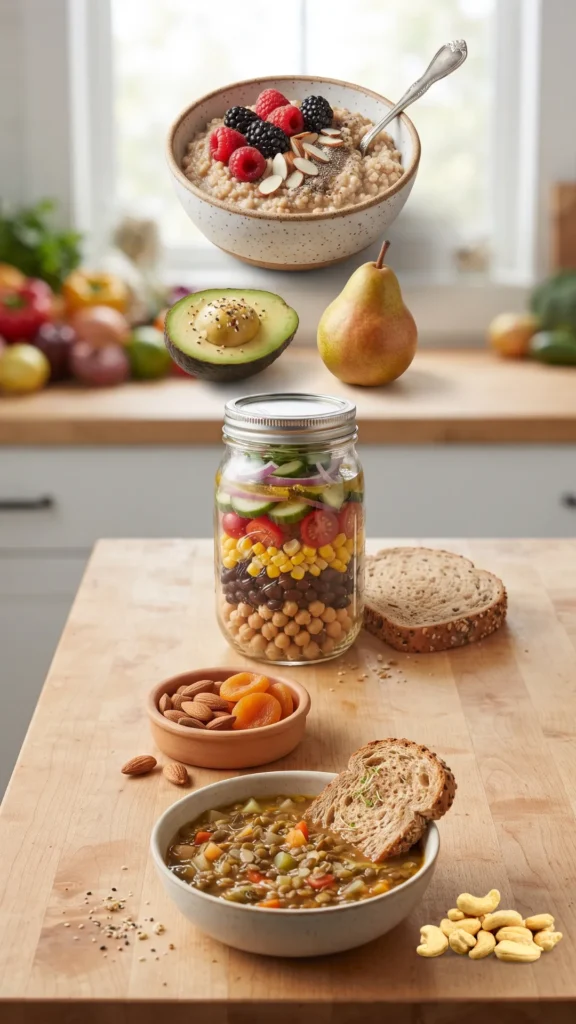 A photorealistic still life showing a full day of high-fiber meals, including oatmeal with berries, avocado and a pear, a mason jar salad, almonds and dried apricots, and lentil soup with toast.

