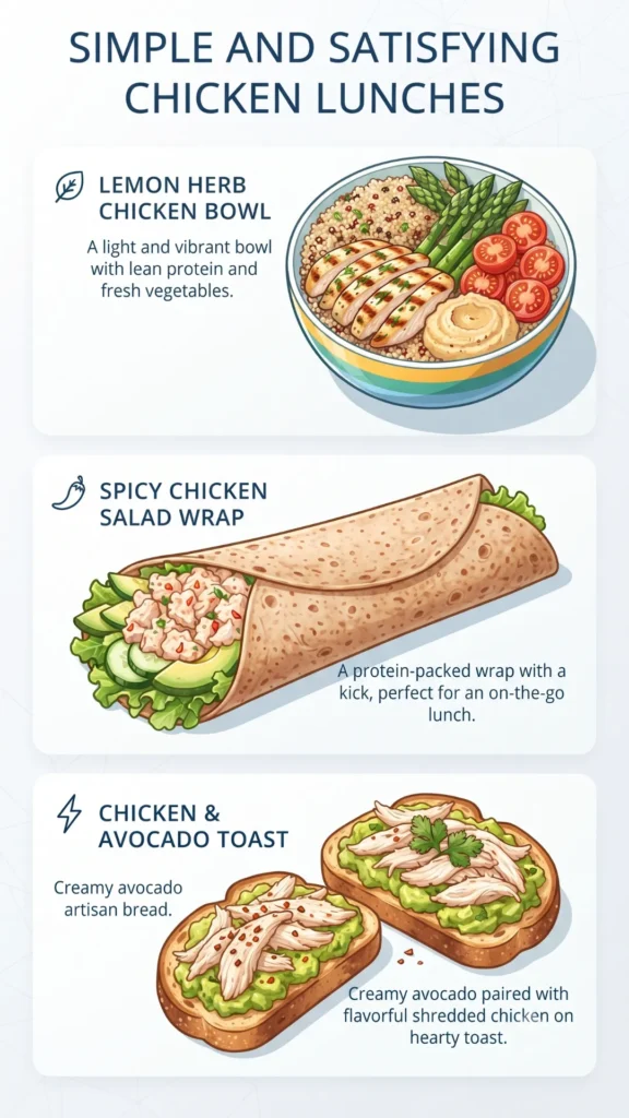Infographic presenting three simple and satisfying chicken lunch ideas: a Lemon Herb Chicken Bowl, a Spicy Chicken Salad Wrap, and Chicken & Avocado Toast.