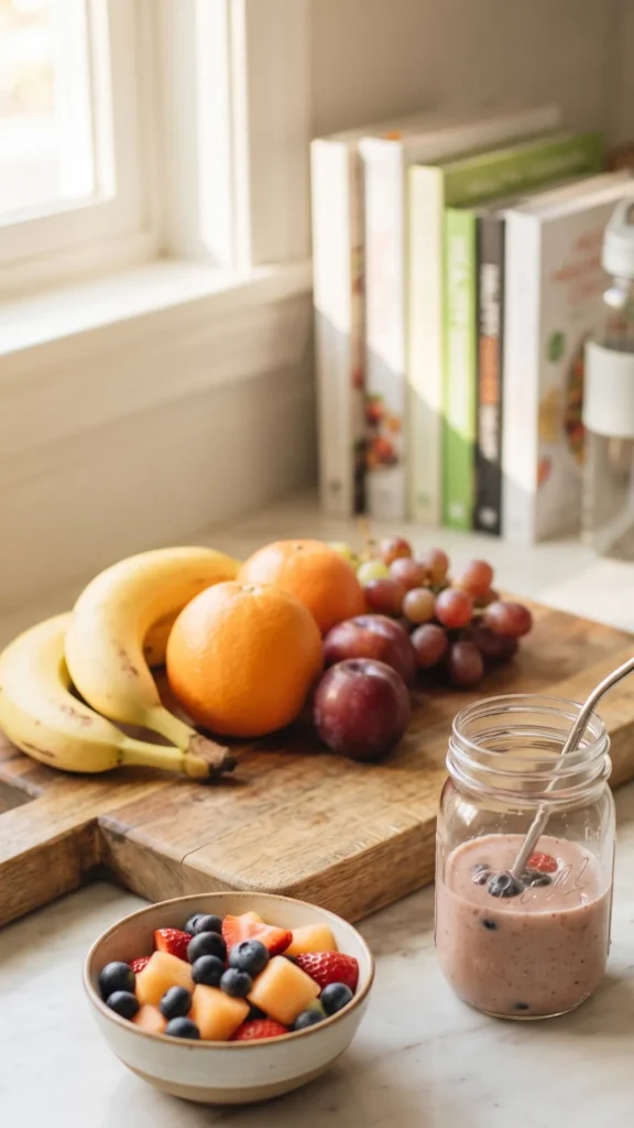 A sunlit kitchen counter holds a wooden cutting board arranged with whole fruits: bananas, oranges, plums, and grapes. In the foreground, a ceramic bowl is filled with a colorful fruit salad of blueberries, strawberries, and melon. Beside it, a glass mason jar holds a fruit smoothie with a metal straw. In the background, a stack of healthy cookbooks and a reusable water bottle are visible. The composition emphasizes fresh,
