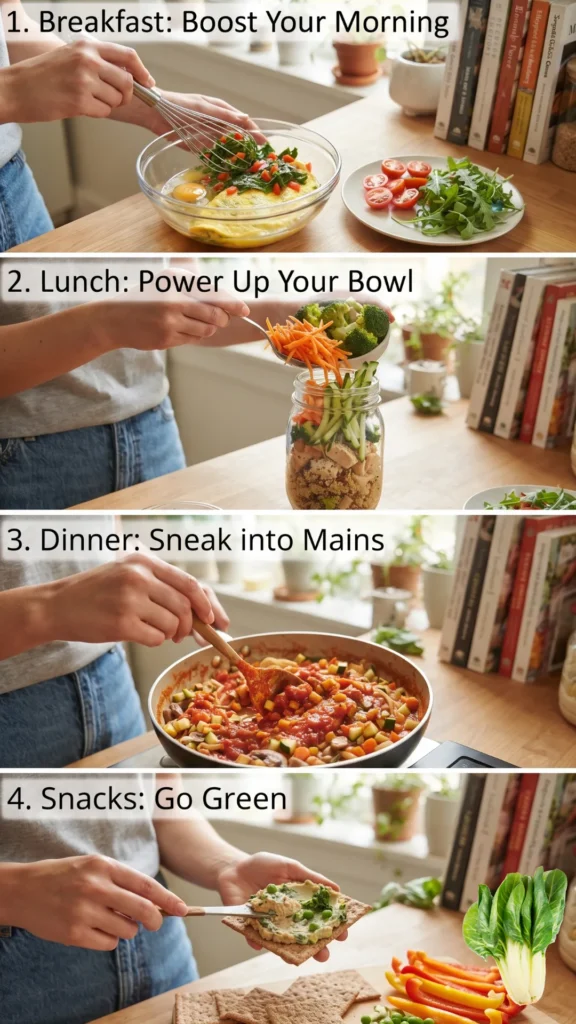 A four-panel vertical photo collage demonstrating healthy meal preparation, titled "Simple Ways to Add More Vegetables to Every Meal" in a kitchen setting. Panel 1: "1. Breakfast: Boost Your Morning" shows hands whisking eggs with spinach and red bell peppers in a bowl. Panel 2: "2. Lunch: Power Up Your Bowl" shows a person layering broccoli and shredded carrots into a Mason jar salad with quinoa. Panel 3: "3. Dinner: Sneak into Mains" shows a hand stirring a large pan of chunky vegetable-rich tomato sauce with a wooden spoon. Panel 4: "4. Snacks: Go Green" shows a person spreading pea and herb hummus onto a slice of crispbread next to sliced bell peppers. The background shows a wooden counter, plants, and a stack of cookbooks across all panels. The style is bright, natural daylight photography.
