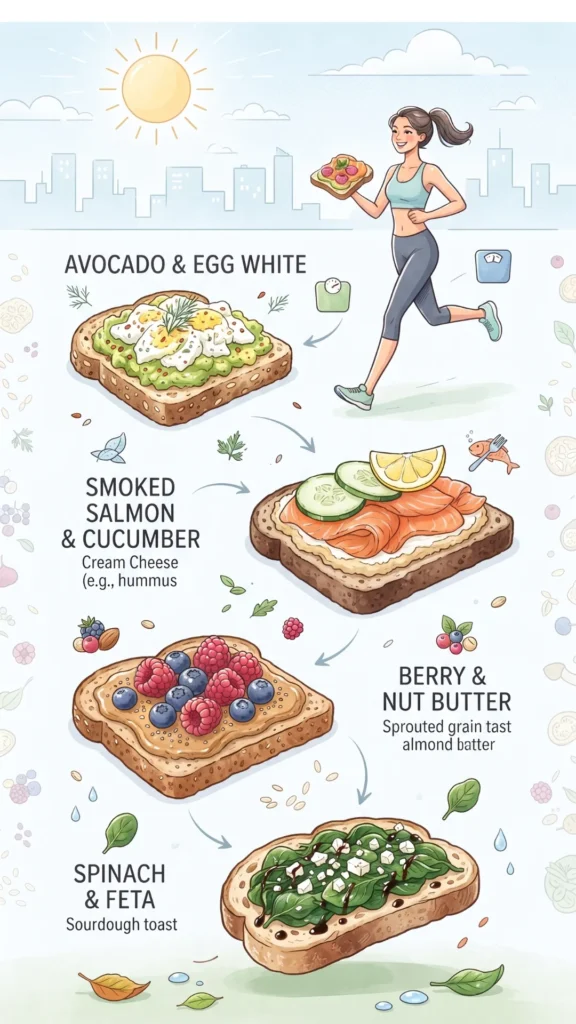Infographic illustrating four healthy toast ideas for weight loss: Avocado & Egg White, Smoked Salmon & Cucumber, Berry & Nut Butter, and Spinach & Feta, alongside an energetic woman jogging and a cityscape.
