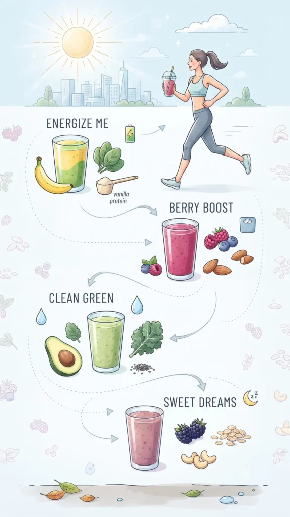 Infographic illustrating four healthy smoothie recipes: Energize Me (banana, spinach, protein), Berry Boost (berries, almonds), Clean Green (avocado, kale), and Sweet Dreams (blackberry, oats), with an active person and cityscape in the background