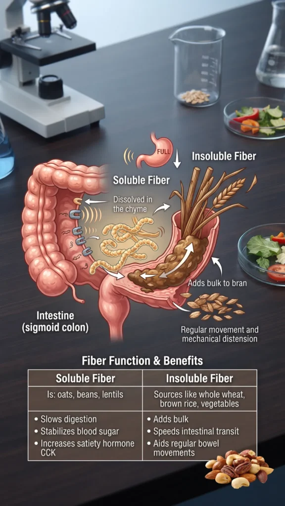 Educational infographic comparing soluble and insoluble fiber, detailing their different digestive actions (dissolving vs. bulking) and specific health benefits.
