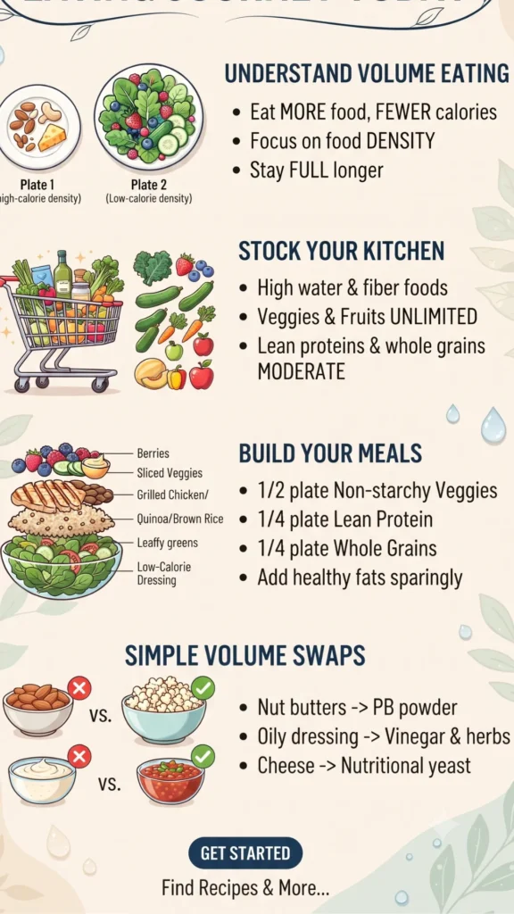  "Start Your Volume Eating Journey Today" explains volume eating concepts, shows stocking the kitchen with high-water foods, illustrates how to build balanced meals, and provides simple swaps to reduce calorie density with illustrations.
