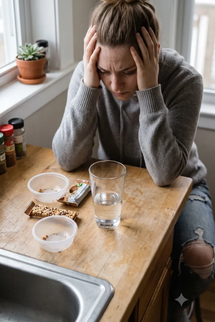 A man with an exhausted, weary expression sits at a table cluttered with various forms of "relief" in a run-down kitchen setting. On the table are numerous used pill blister packs, a chocolate bar, colorful gummy worms being meticulously sorted with tweezers by his own hands, a glass of water, and an open bottle of antacid. He holds a second set of tweezers, actively engaging with the candy pile. The image is a vertical portrait with no headings											
