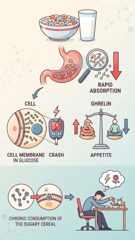 Infographic showing how sugary breakfast cereal causes rapid glucose absorption, insulin spikes, and a subsequent blood sugar crash, leading to hormonal imbalance and increased hunger.
