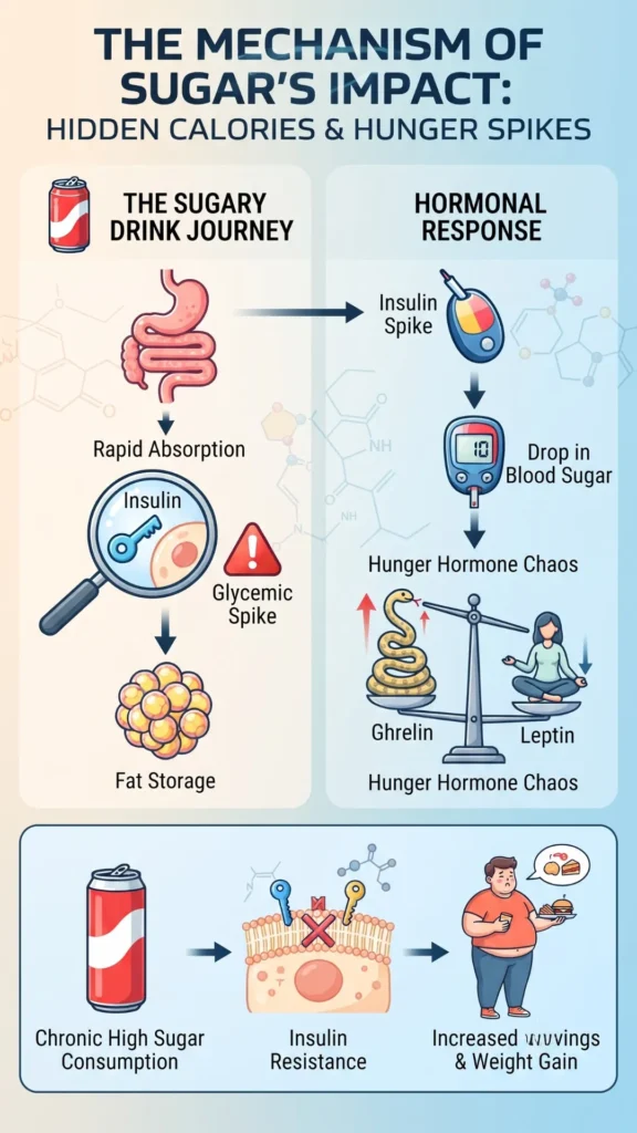 Infographic showing how sugary drinks cause blood sugar spikes, insulin resistance, and hormonal imbalance, leading to cravings and weight gain.
