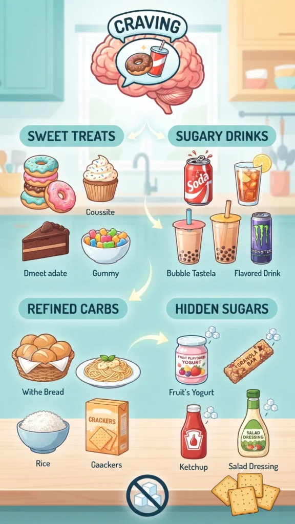 A 9:16 vertical infographic illustrating categories of sugary foods and drinks that fuel cravings, using clean, modern illustrations and no text headings. The flow is structured around a central brain icon with a 'CRAVING' bubble showing a donut and soda. Below, connected by glowing arrows, are four distinct sections with illustrations and subtle icons: 'Sweet Treats' (donuts, cupcakes), 'Sugary Drinks' (soda, bubble tea), 'Refined Carbs' (white bread, pasta), and 'Hidden Sugars' (yogurt, granola bar). The color palette is vibrant and clean, with teal, yellow, orange, and pink accents. The overall style is inviting and purely visual. No text from image_20.png or image_21.png is included.
