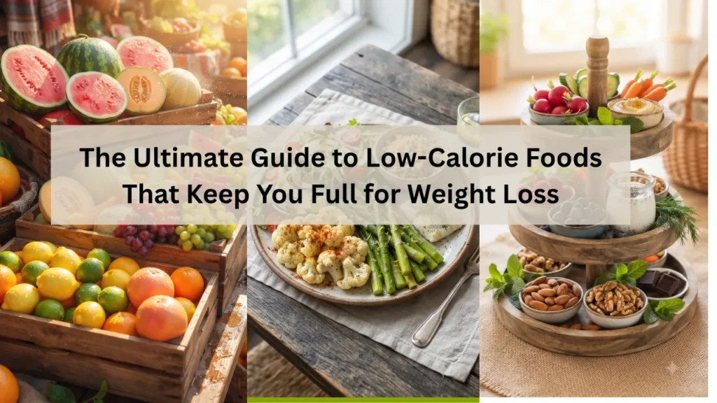 Low-calorie foods for weight loss including fresh fruits, vegetables, lean proteins, yogurt, and nuts that help keep you full longer.