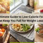 Low-calorie foods for weight loss including fresh fruits, vegetables, lean proteins, yogurt, and nuts that help keep you full longer.