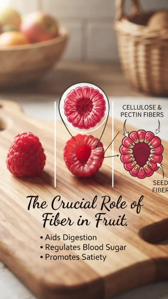 Infographic showing raspberry structure and benefits of fiber.
