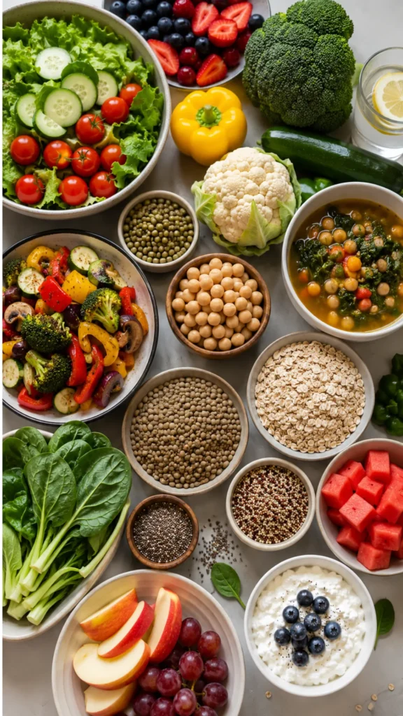 Collection of high-volume low-calorie foods including vegetables, fruits, legumes, whole grains, and leafy greens that help promote fullness and support healthy weight loss.
