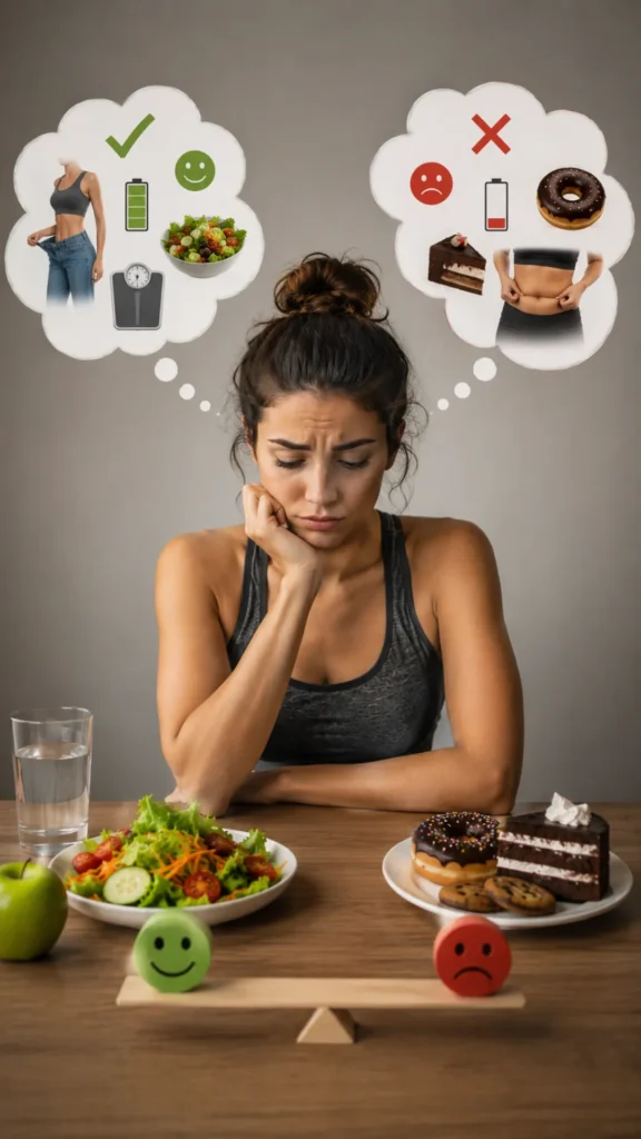 Woman comparing healthy and unhealthy food choices, illustrating the pros and cons of traditional dieting for weight loss and long-term health.
