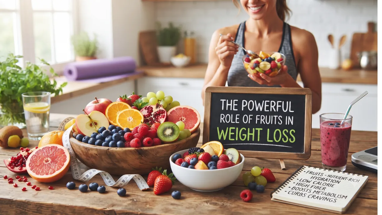 A wooden table filled with fresh fruits like grapefruit, berries, and apples, featuring a small chalkboard that reads "The Powerful Role of Fruits in Weight Loss" and a notebook listing health benefits.