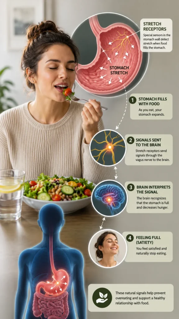 Illustration showing how stomach stretch receptors send fullness signals to the brain after eating, helping control hunger and support healthy weight management.

