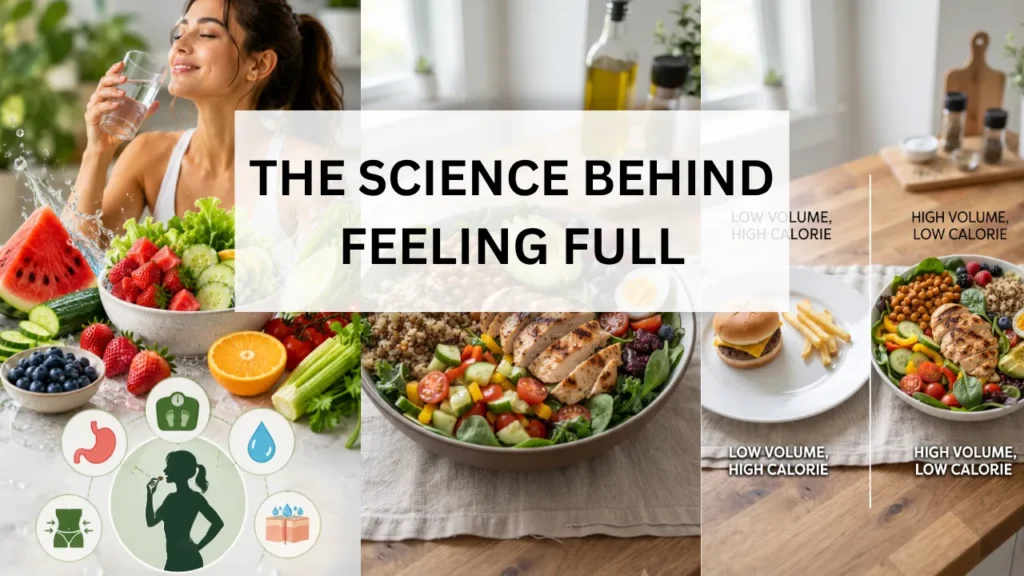 Collage illustrating the science behind feeling full, featuring water-rich foods, balanced meals, and a comparison of low-volume high-calorie foods versus high-volume low-calorie meals for weight loss.