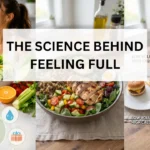 Collage illustrating the science behind feeling full, featuring water-rich foods, balanced meals, and a comparison of low-volume high-calorie foods versus high-volume low-calorie meals for weight loss.