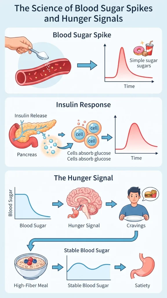 Infographic illustrating biological mechanisms linking blood sugar spikes to hunger signals.
