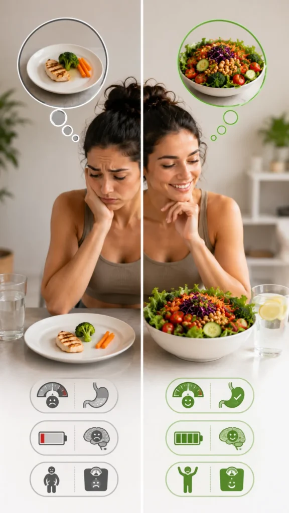 Woman struggling with hunger on a traditional diet while comparing a small restrictive meal to a large healthy volume eating meal for sustainable weight loss.
