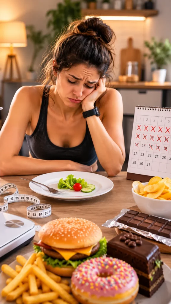Woman frustrated by a restrictive diet while surrounded by tempting junk food, illustrating how hunger and deprivation can lead to diet failure and weight loss setbacks.
