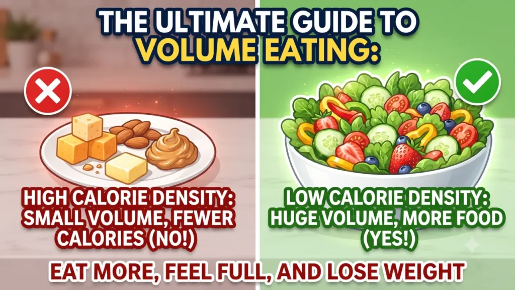 A vibrant YouTube thumbnail visually explains volume eating by comparing a small plate of high-calorie density foods (cheese, almonds, butter, peanut butter) to a large bowl of low-calorie density foods (voluminous salad). The title reads: "THE ULTIMATE GUIDE TO VOLUME EATING: EAT MORE, FEEL FULL, AND LOSE WEIGHT." The left side is marked with a red 'X' and text "HIGH CALORIE DENSITY: SMALL VOLUME, FEWER CALORIES (NO!)", while the right side has a green checkmark and text "LOW CALORIE DENSITY: HUGE VOLUME, MORE FOOD (YES!)"