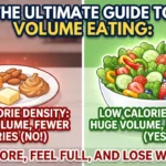 A vibrant YouTube thumbnail visually explains volume eating by comparing a small plate of high-calorie density foods (cheese, almonds, butter, peanut butter) to a large bowl of low-calorie density foods (voluminous salad). The title reads: "THE ULTIMATE GUIDE TO VOLUME EATING: EAT MORE, FEEL FULL, AND LOSE WEIGHT." The left side is marked with a red 'X' and text "HIGH CALORIE DENSITY: SMALL VOLUME, FEWER CALORIES (NO!)", while the right side has a green checkmark and text "LOW CALORIE DENSITY: HUGE VOLUME, MORE FOOD (YES!)"