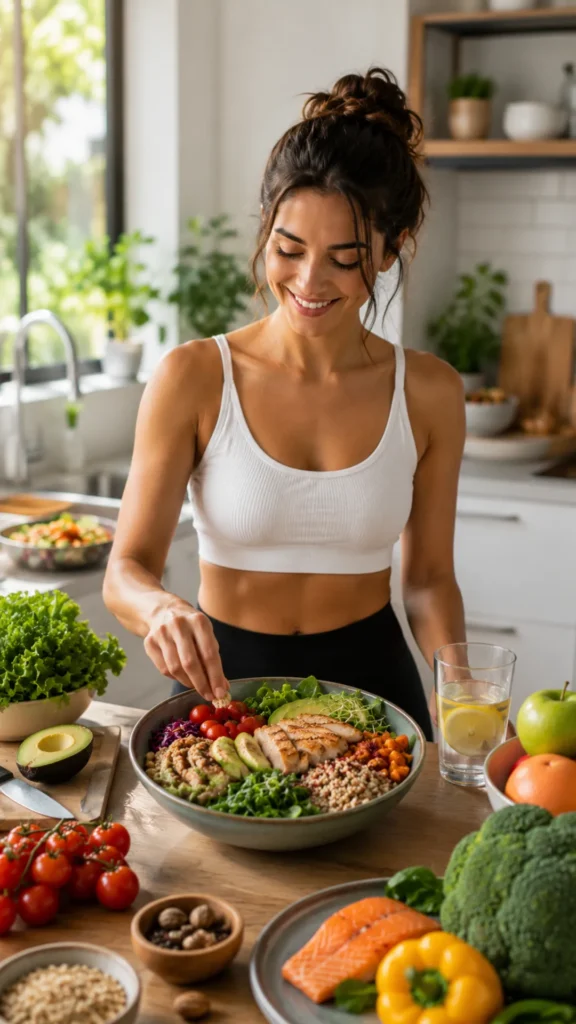 Woman preparing a healthy balanced meal with fresh vegetables and lean protein, showing sustainable eating habits for long-term weight loss success.
