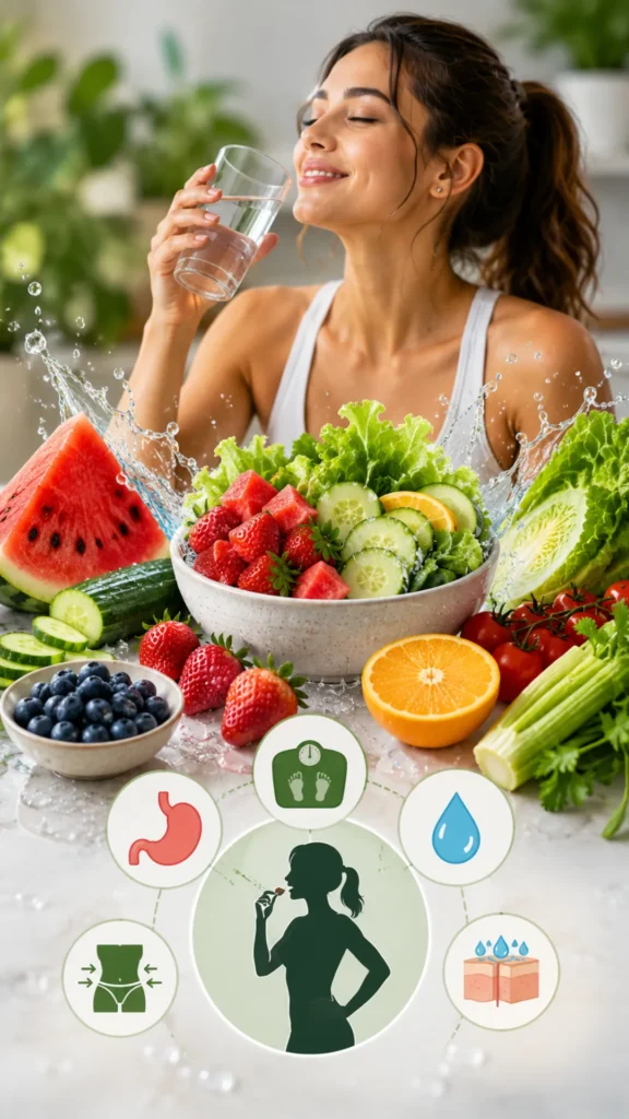 Woman enjoying water-rich fruits and vegetables with a glass of water, showing how hydrating foods help increase fullness and support healthy weight loss.

