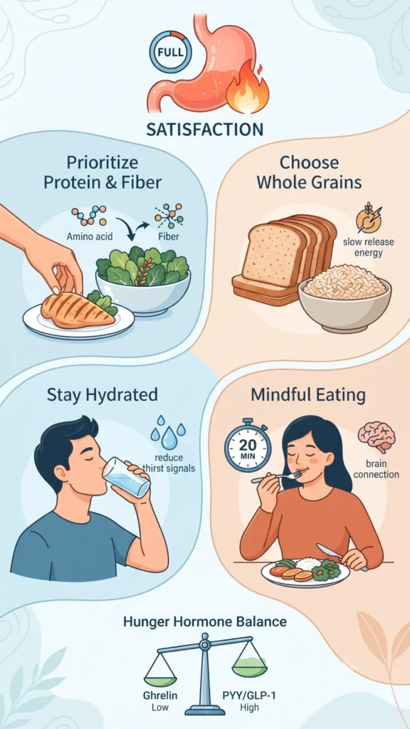 ALT text: Infographic illustrating tips for managing hunger naturally, including prioritizing protein and fiber, choosing whole grains, staying hydrated, and practicing mindful eating, without text headings.
