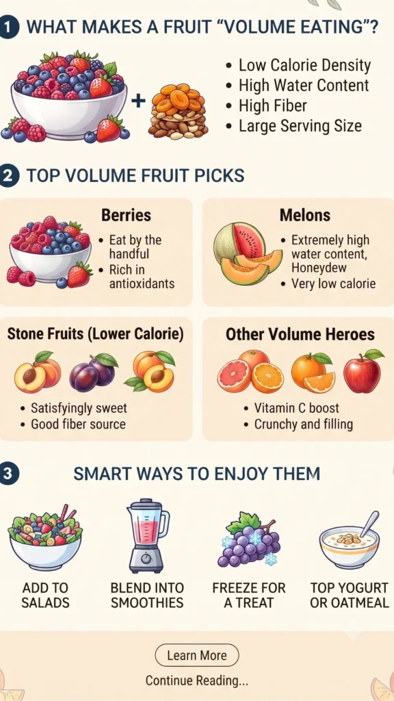 explaining that such fruits are low in calorie density, high in water and fiber, and offer a large serving size. It categorizes top picks into Berries, Melons, Stone Fruits (Lower Calorie), and Other Volume Heroes (e.g., grapefruit, oranges, apples). It also suggests smart ways to enjoy them, such as in salads, smoothies, frozen, or as a topping.
