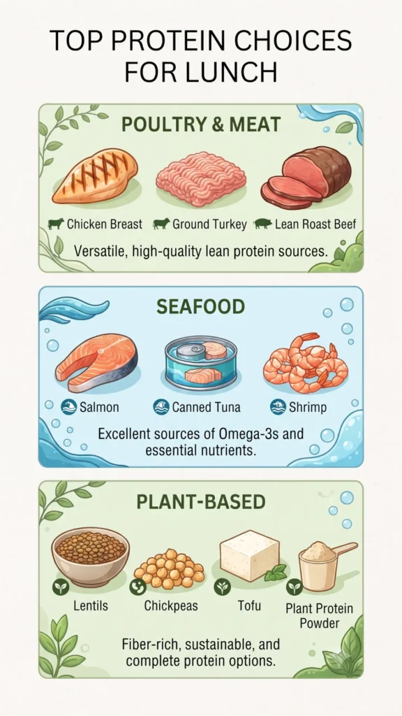 Infographic categorizing top protein choices for lunch into Poultry & Meat, Seafood, and Plant-Based sections, with examples and key nutritional benefits.