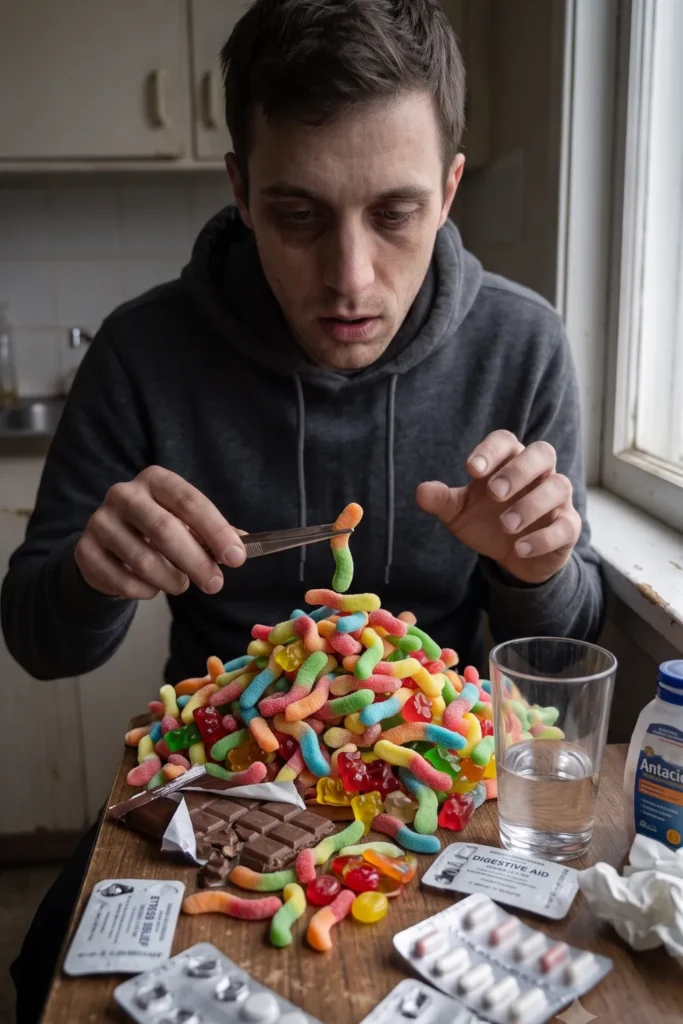A man with sunken eyes meticulously picks gummy worms with tweezers from a huge pile on a table. The table is also cluttered with chocolate, blister packs of pills, a glass of water, and antacid medicine.											
