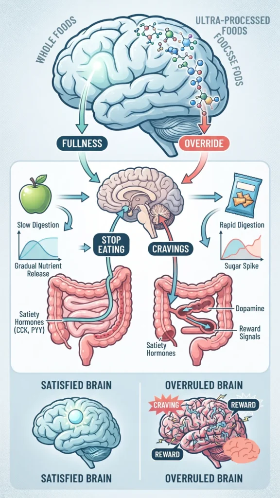An infographic illustrating how ultra-processed foods override fullness. The image contrasts whole food consumption, showing gradual digestion and satiety signals, with ultra-processed food consumption, showing rapid digestion and dopamine reward spikes that override the 'stop eating' message.

