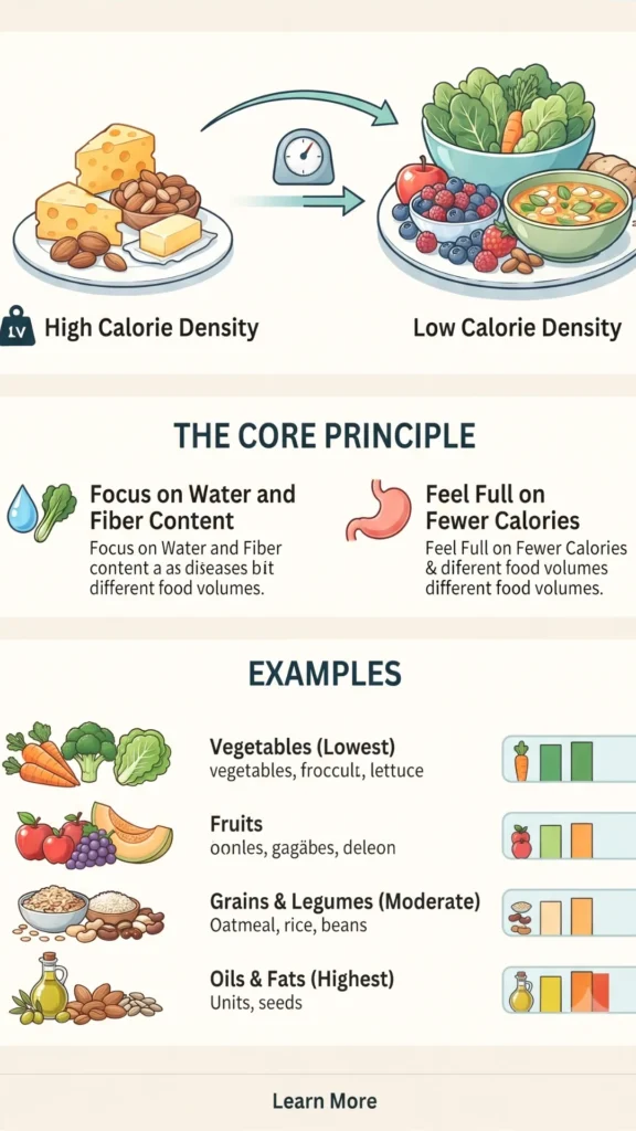 An infographic explaining the concept of calorie density, showing a comparison of high-calorie density cheese and nuts versus low-calorie density fruits and vegetables, with a core principle of focusing on water and fiber, examples of food groups,
